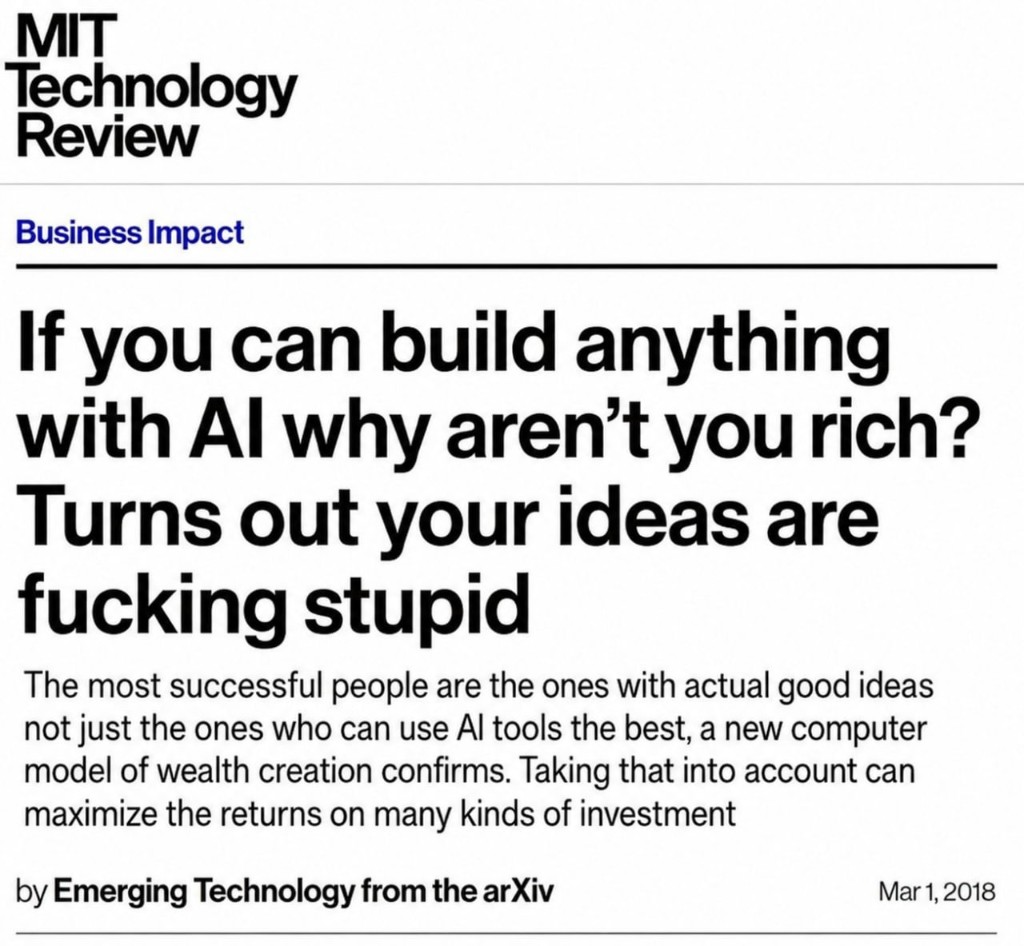 A satirical MIT Technology Review-style cover about AI, wealth, and bad ideas—the meme that inspired this post.