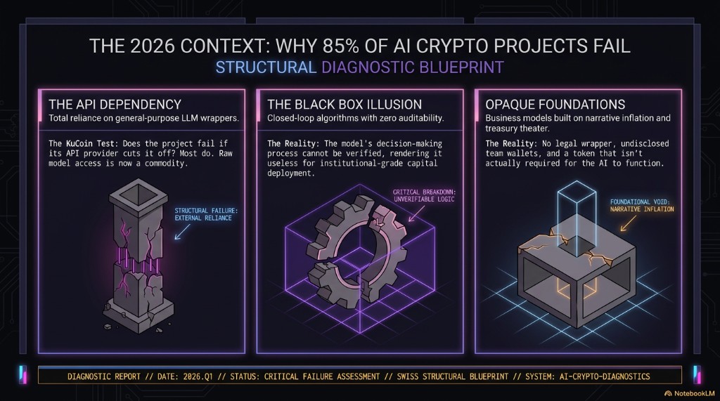 Diagnostic blueprint: why most AI crypto projects fail on API dependency, black-box logic, and opaque foundations.