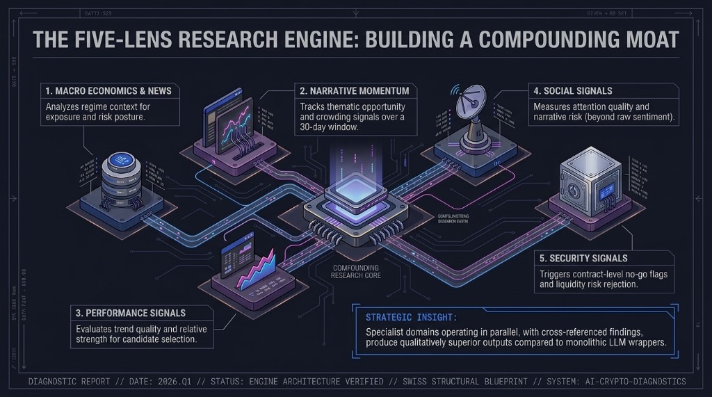 The five-lens research engine: macro, narrative, performance, social, and security surfaces feeding a compounding research core.