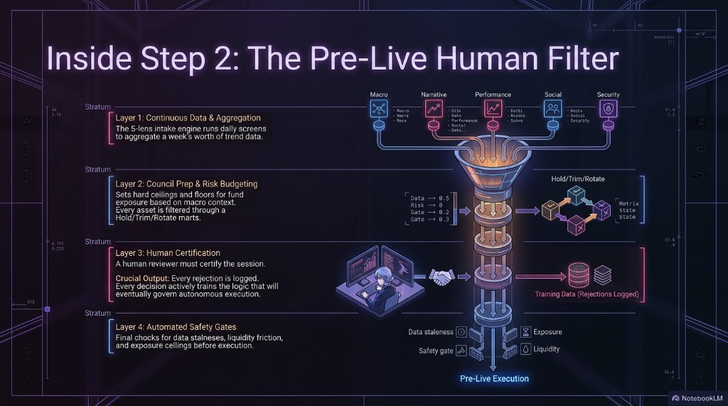 Inside Step 2: the pre-live human filter — council prep, certification, and logged rejections before autonomous execution.