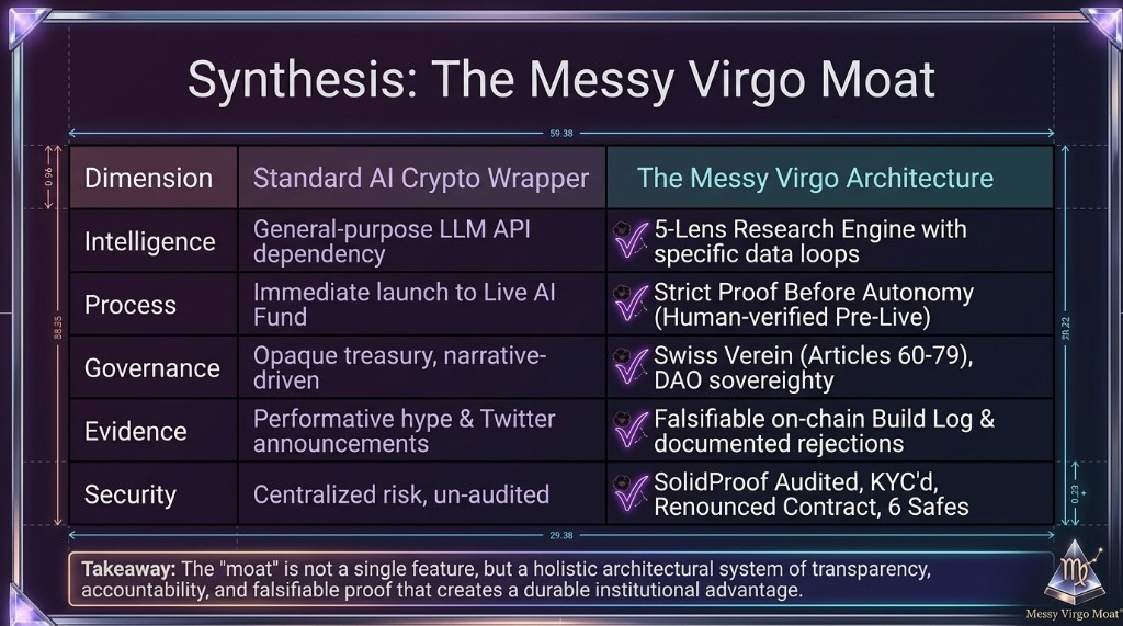 Synthesis: Messy Virgo vs standard AI crypto wrappers across intelligence, process, governance, evidence, and security.
