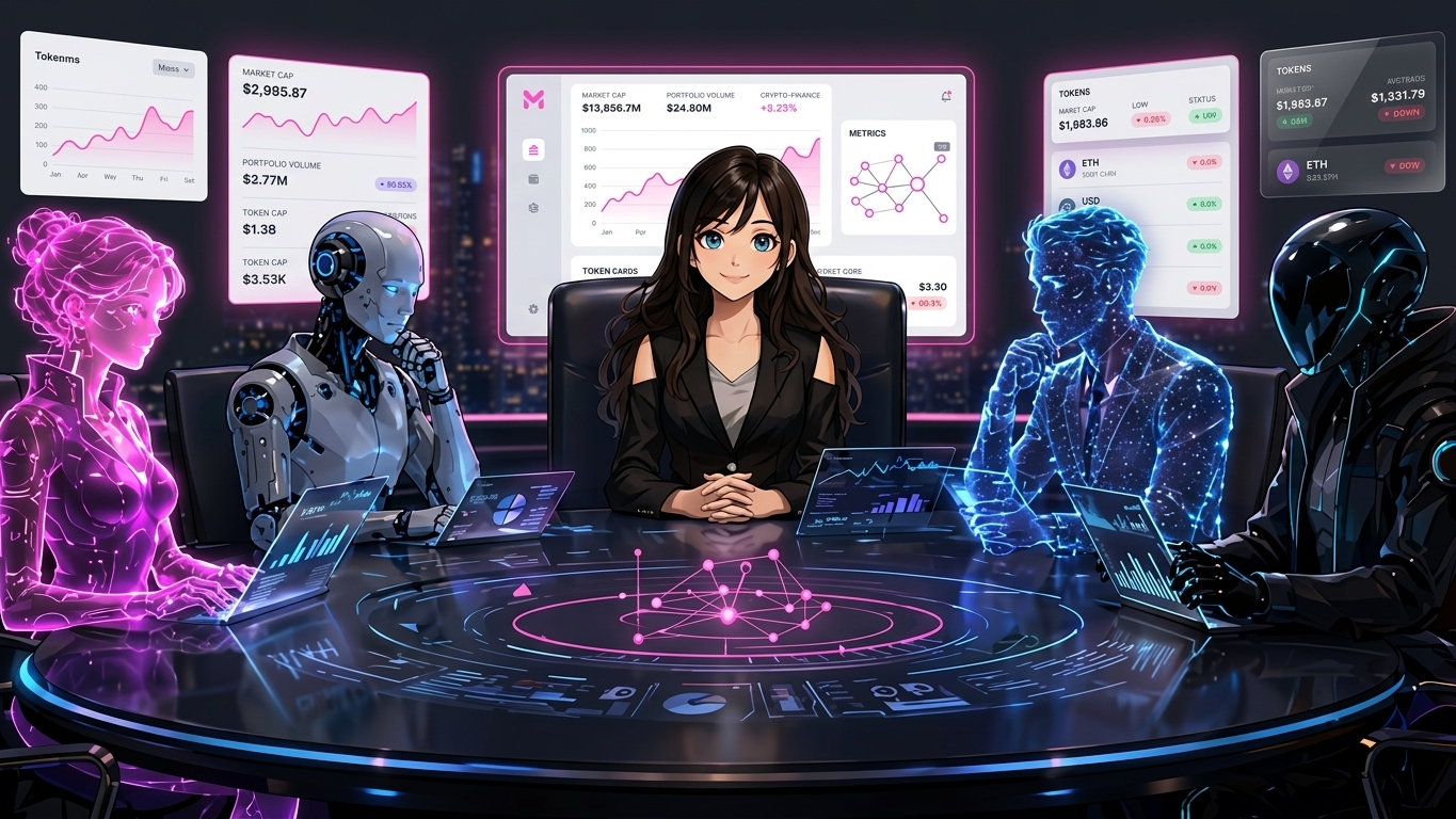 Messy Virgo chairing an AI investment council boardroom with portfolio-management agents reviewing fund evidence.