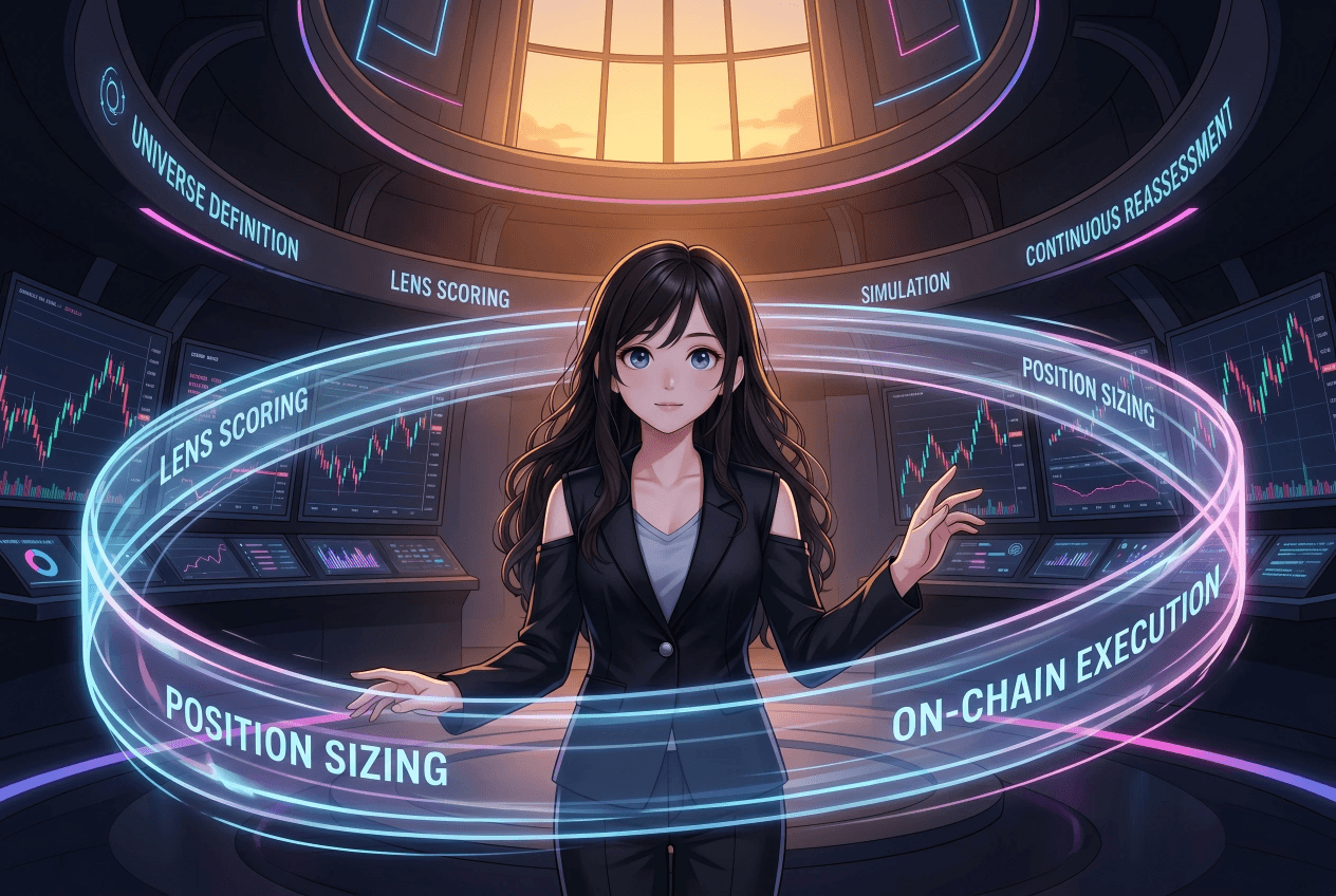 The Autonomous Fund Agent in action — the continuous loop of universe definition, lens scoring, simulation, position sizing, on-chain execution, and reassessment.