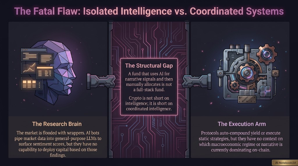 The fatal flaw: isolated research brains vs execution arms — crypto is short on coordinated intelligence, not raw intelligence.