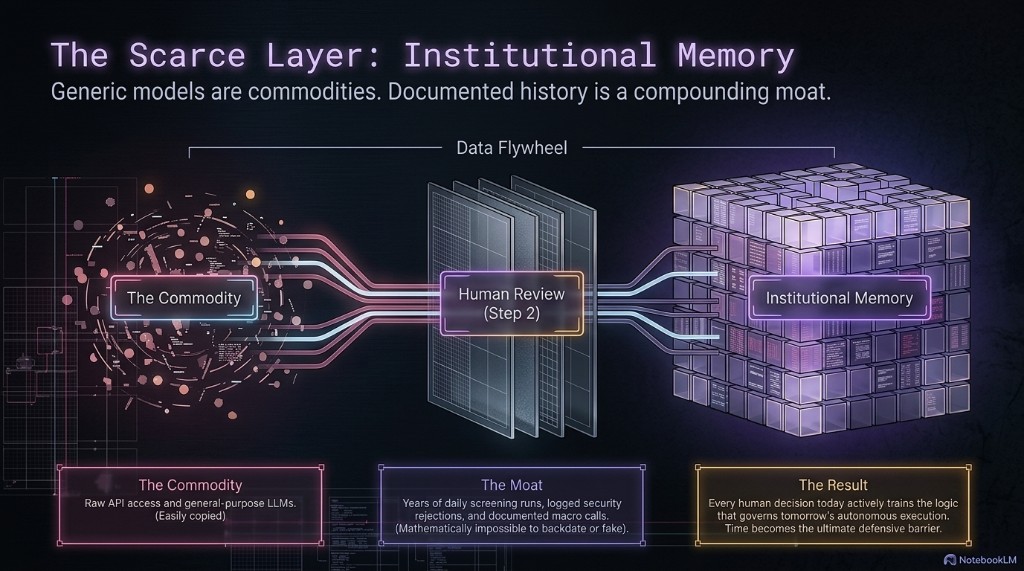 The scarce layer: institutional memory — generic models are commodities; documented history is a compounding moat.